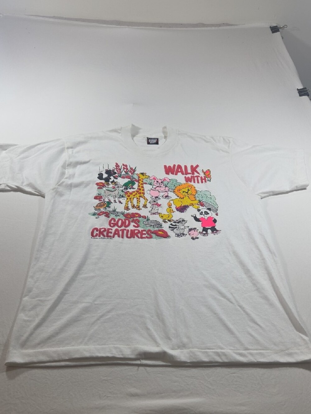 Vintage 1990 Puffy Paint Shirt Screen Stars White Tee Colorful Animal - Picture 2 of 8
